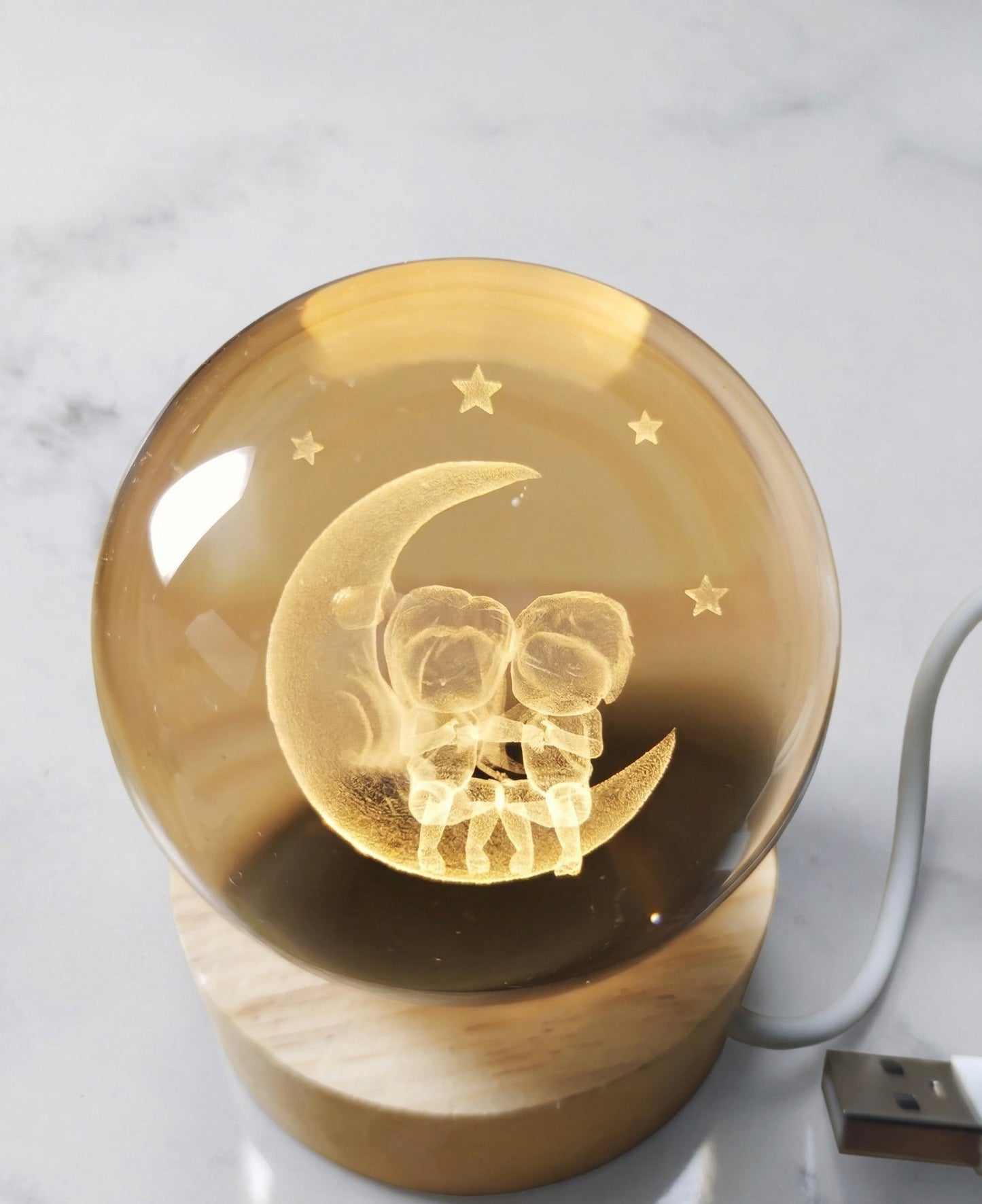 Lámpara de Esfera de Cristal 3D con Base de Madera LED