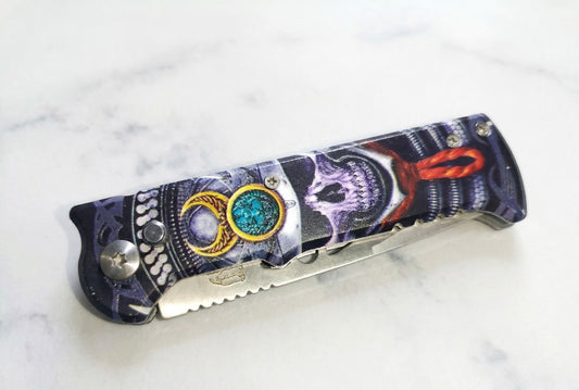 Navaja Táctica "Midnight Oracle" con Arte de Calavera y Luna